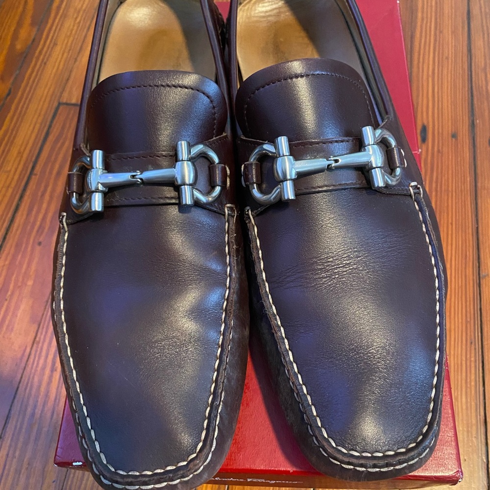 Salvatore Ferragamo Brown Leather Loafers with Horse-Bit Detail